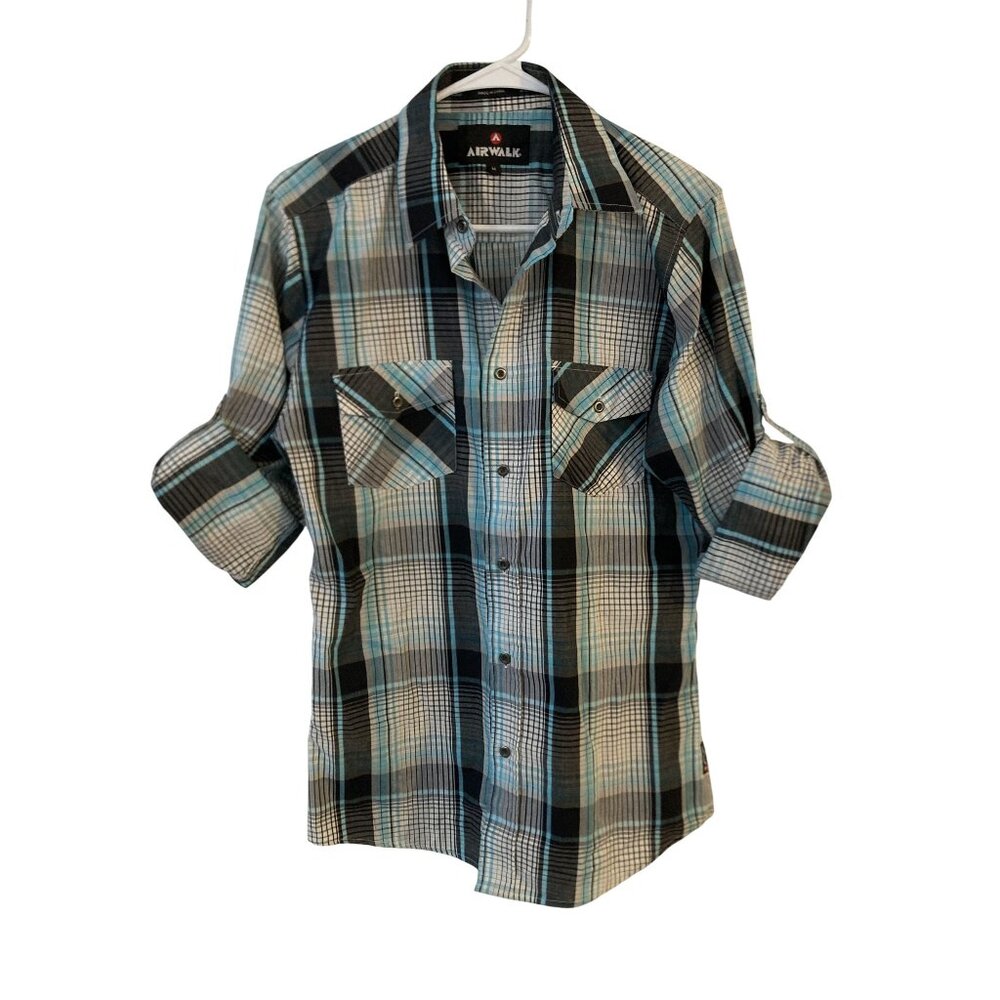 Airwalk Mens Plaid Button-Up Shirt M Blue Black White Long Sleeve Casual